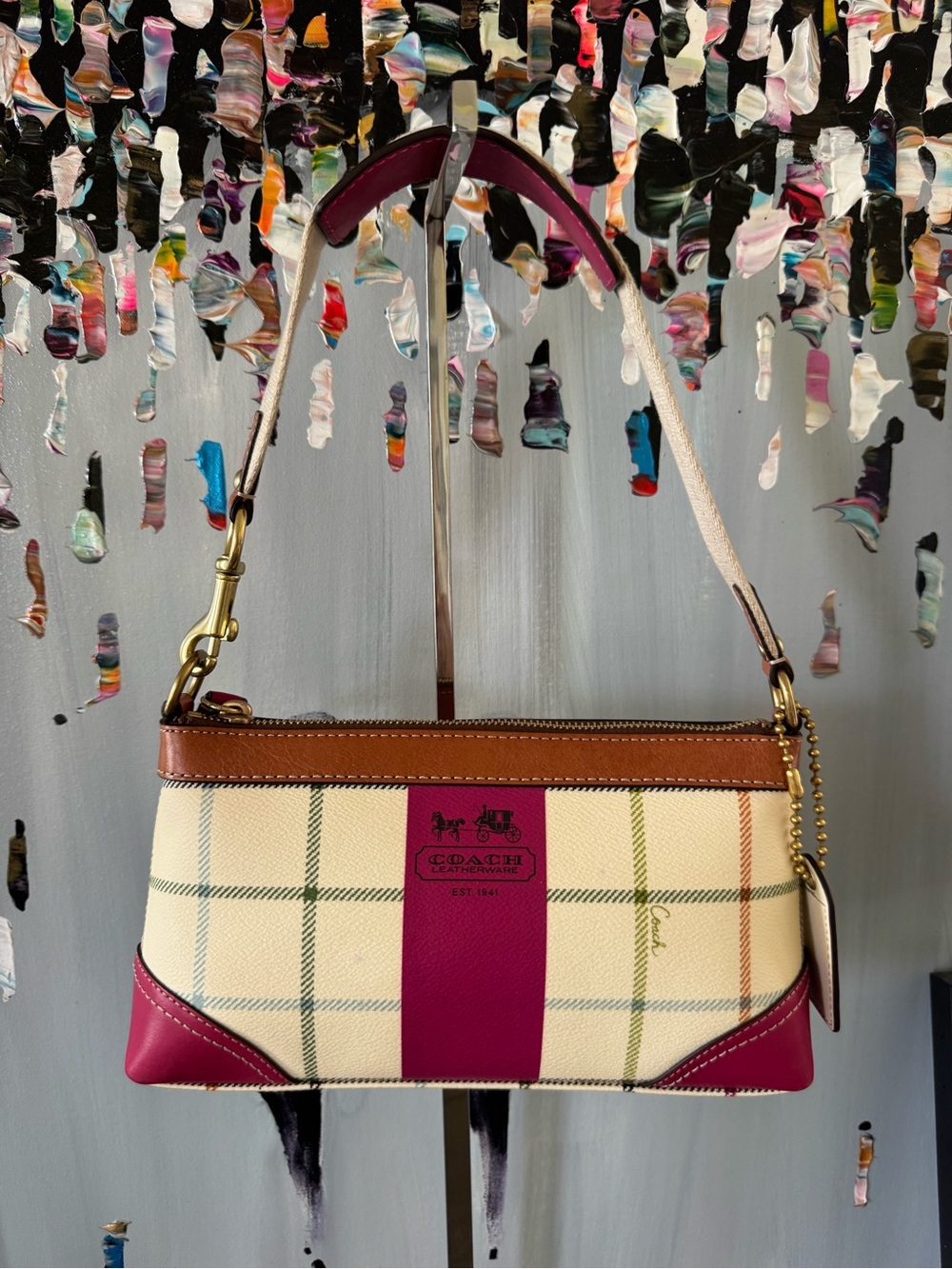 Coach Cream Plaid Shoulder Bag with Pink & Brown Trim